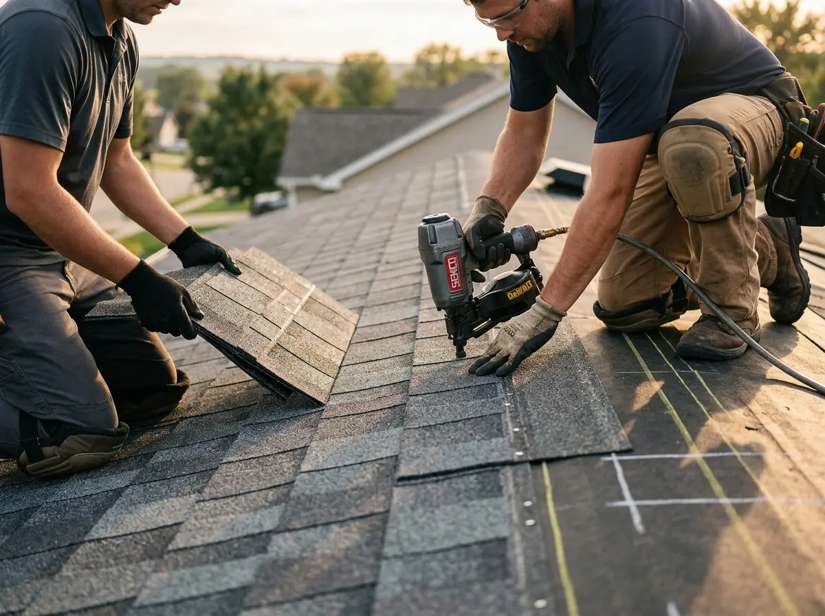 Professional roofer working on a residential roof in Charlestown